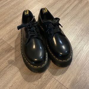 Dr. Martens Black Leather Flats with Yellow Stitching